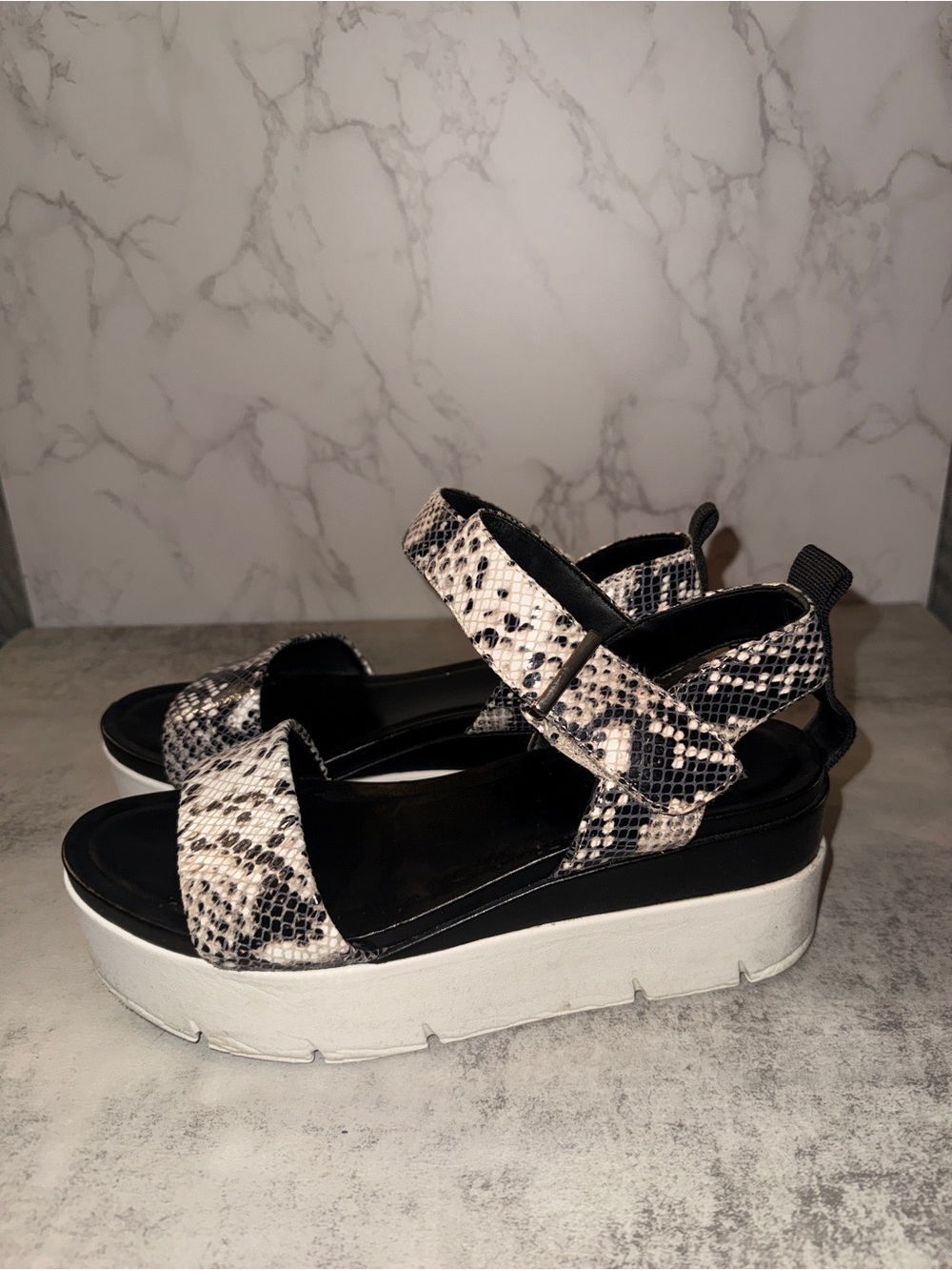 Franco Sarto Women’s Snake-Print Platform Sandals in Black and White